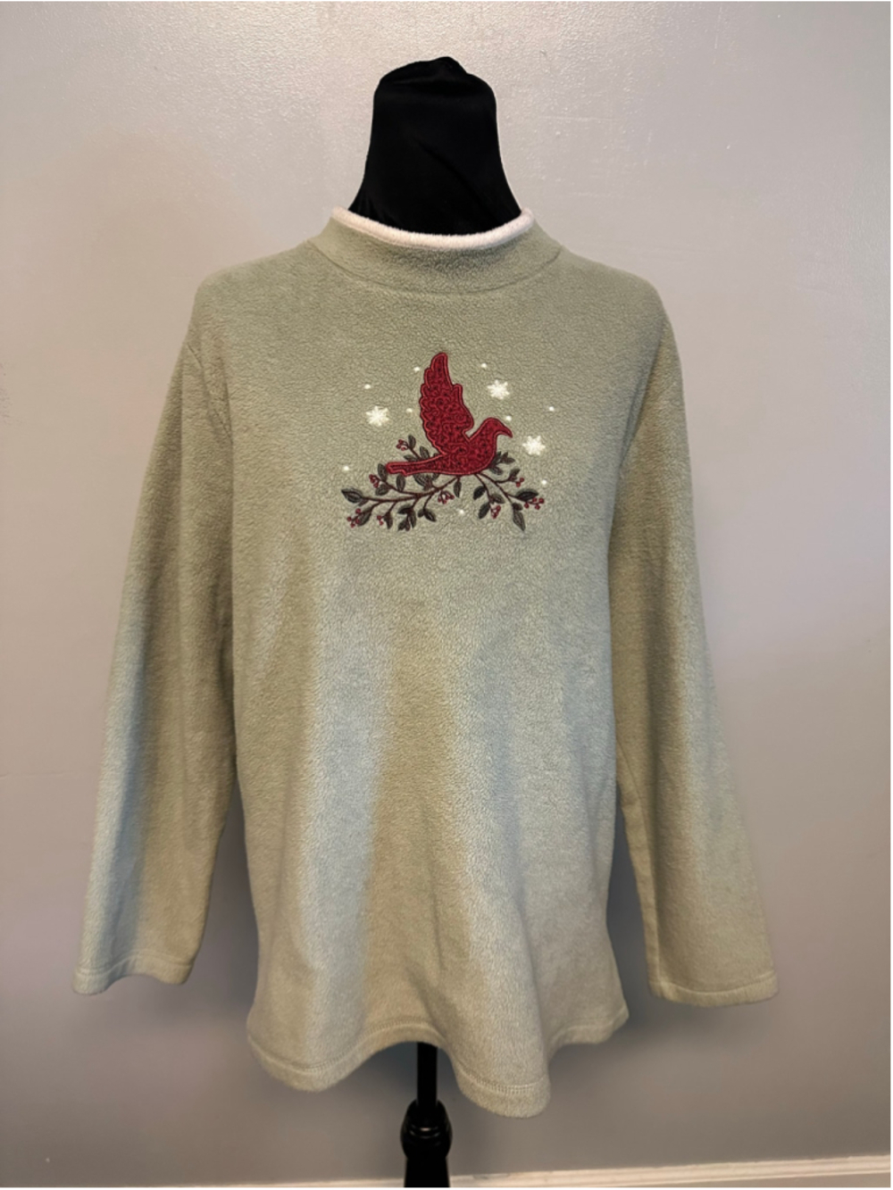 Croft & Barrow Sage Green Cardinal Embroidered Fleece Sweatshirt Size XL Winter